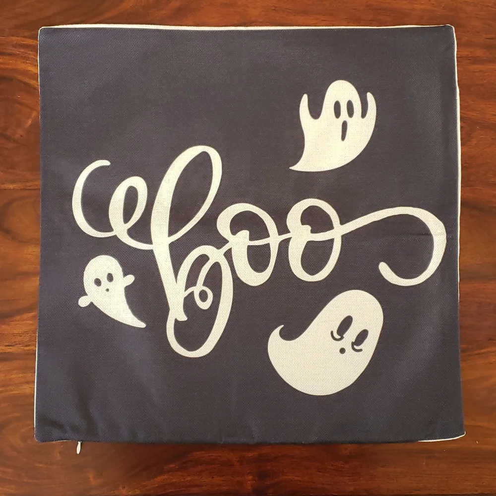Halloween Pillow Cover • Ghosts Boo Black Off‑White • 18x18 • Linen Look NWOT